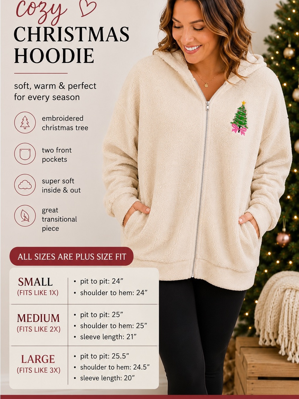Fantastic Fawn Cream Holiday Zip Hoodie with Embroidered Tree